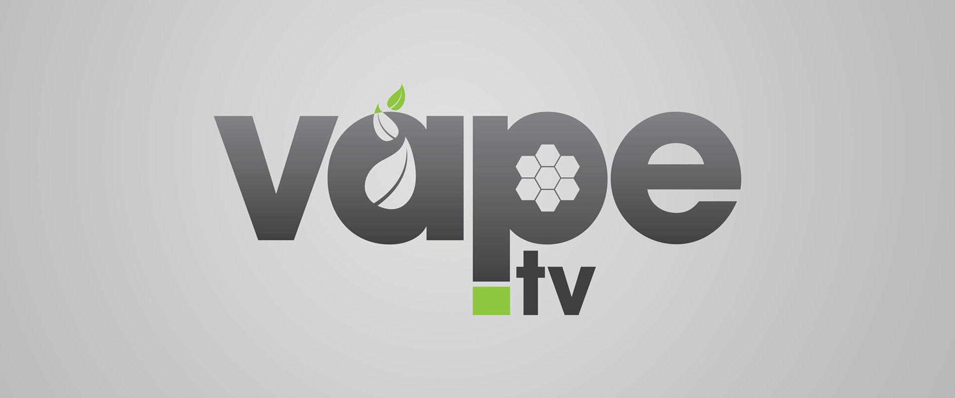 Logo design for Vape.tv with a grey gradient and green leaves.